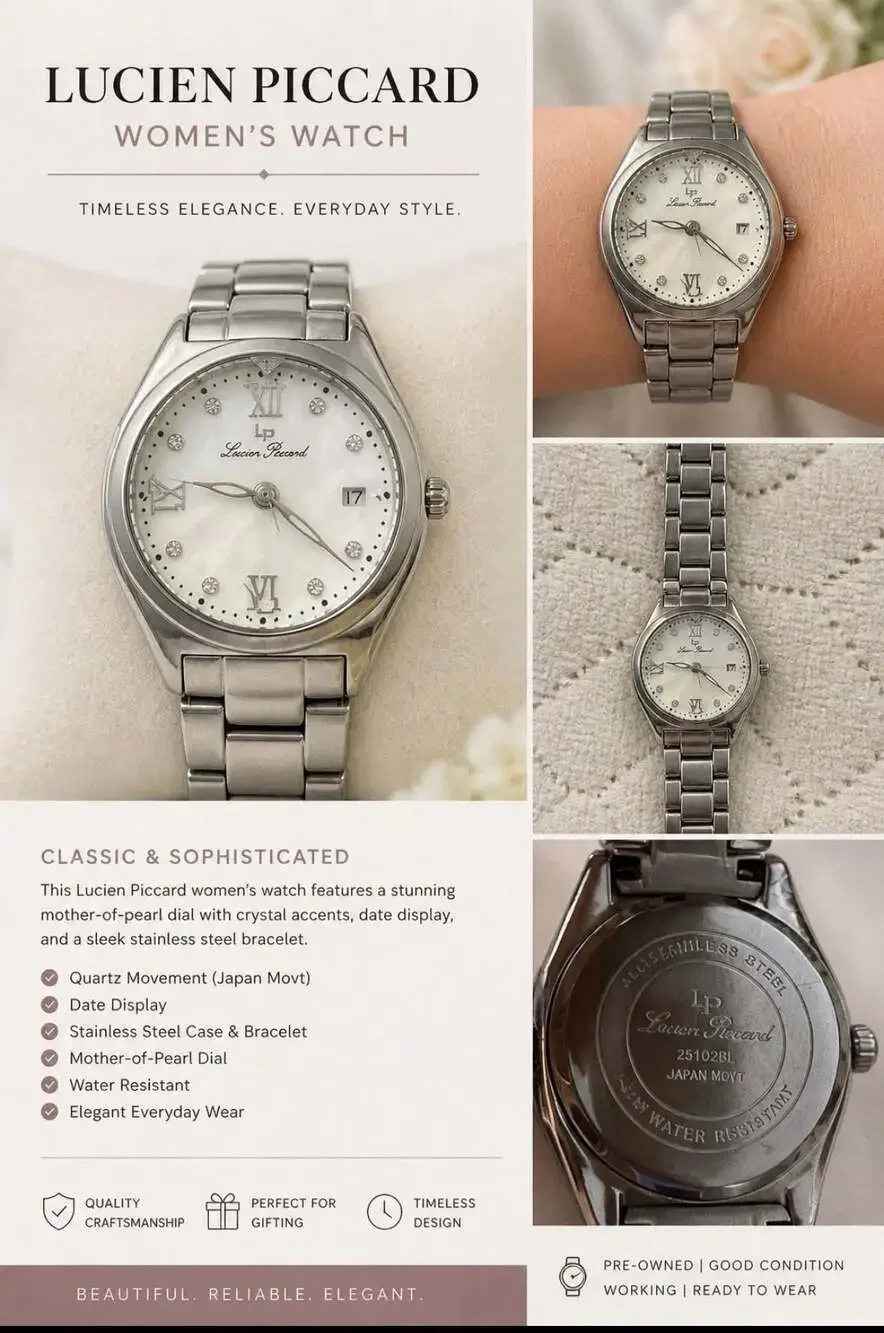 Lucien Piccard Women’s Watch Mother of Pearl Dial Stainless Steel Quartz 251026L